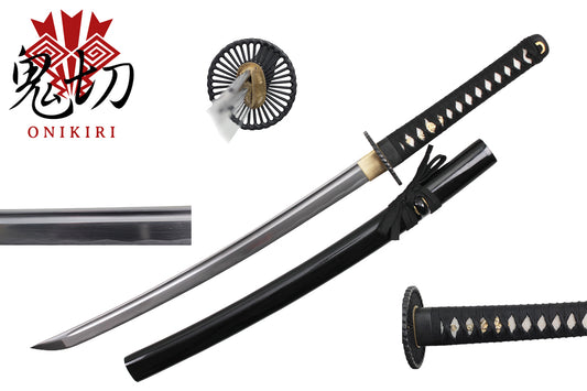 32-inchWakizashi, 1045 carbon steel, black scabbard, kiku tsuba,