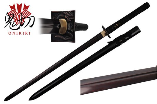 black damascus blade, double edge sharp, black dragon square black real ray skin handle, sword bag
