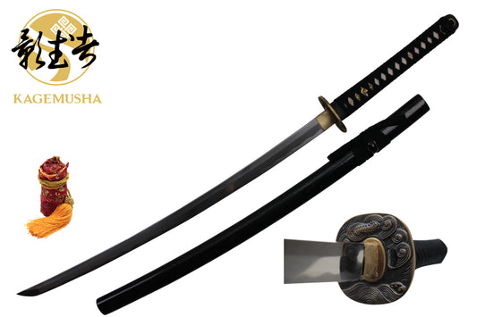 1060 high carbon steel, copper guard with sea waves desgin. black scabbard, real ray skin handle