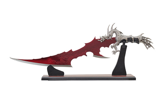 26" Dragon Dagger With Blood Red Blade And Wooden Display Stand