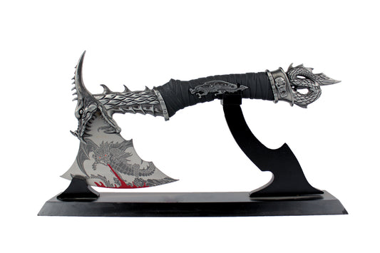14.25" Dragon Engraved Stainless Steel Axe w/ Wood Display Stand