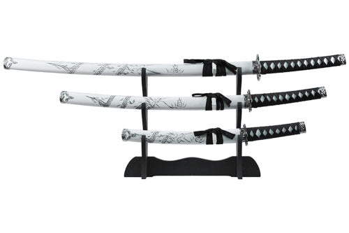 3 Piece Dragon White Katana Set, Includes Display Stand