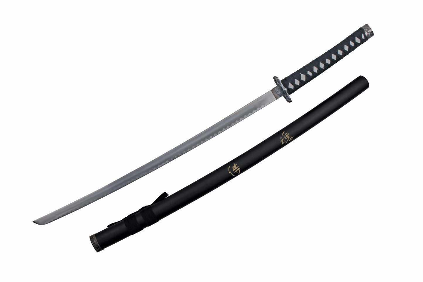 40" Carbon Steel Blade, Carved " Samurai Spirit", Black Fabric Wrapped Handle