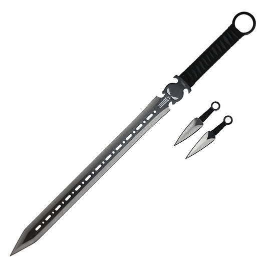 27" Punisher Ninja Machete Sword W/ Throwing Knives (Black)