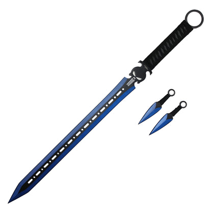 27" Punisher Ninja Machete Sword W/ Throwing Knives (Blue)