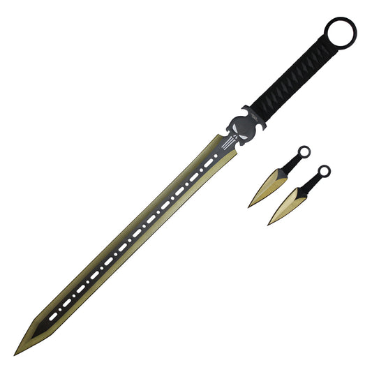 27" Punisher Ninja Machete Sword W/ Throwing Knives (Gold)