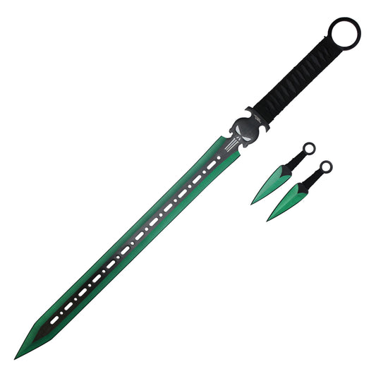 27" Punisher Ninja Machete Sword W/ Throwing Knives (Green)
