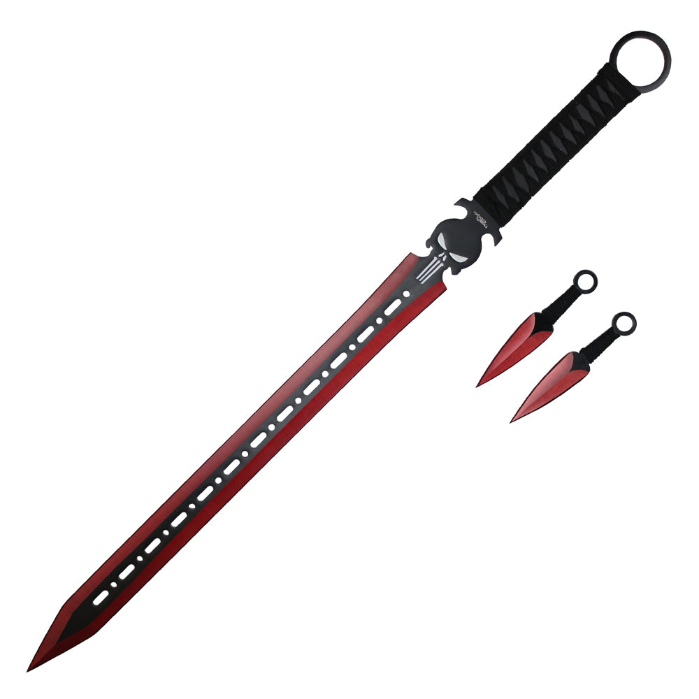 27" Punisher Ninja Machete Sword W/ Throwing Knives (Red)