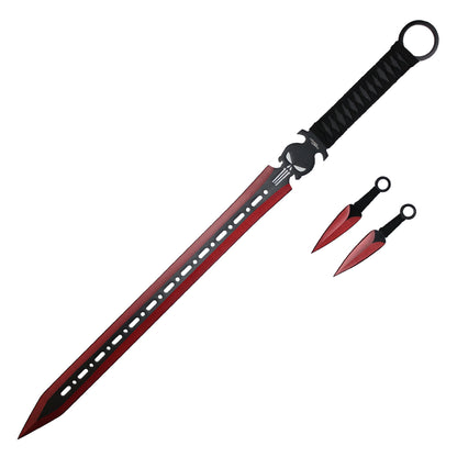 27" Punisher Ninja Machete Sword W/ Throwing Knives (Red)