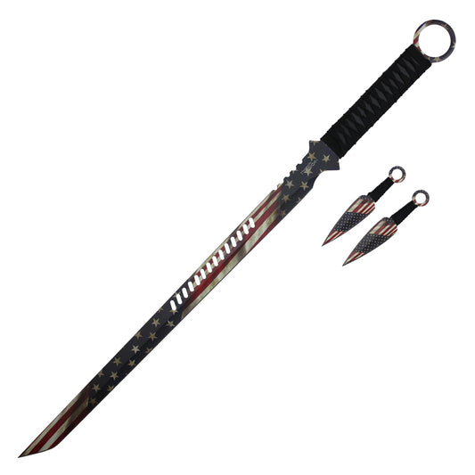 27" American Flag Ninja Sword w/ 2 Throwing Knives