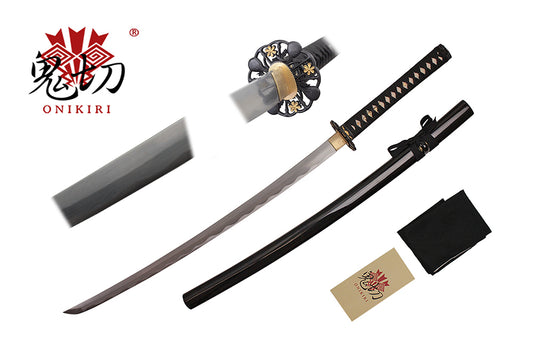 41-inch Damascus blade, black scabbard, black wrapped handle. Tsuba:Zinc alloy plated black and gold