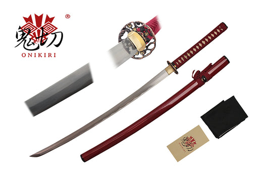 41-inch Damascus blade, red scabbard, black wrapped handle. Tsuba:Zinc alloy plated black and gold