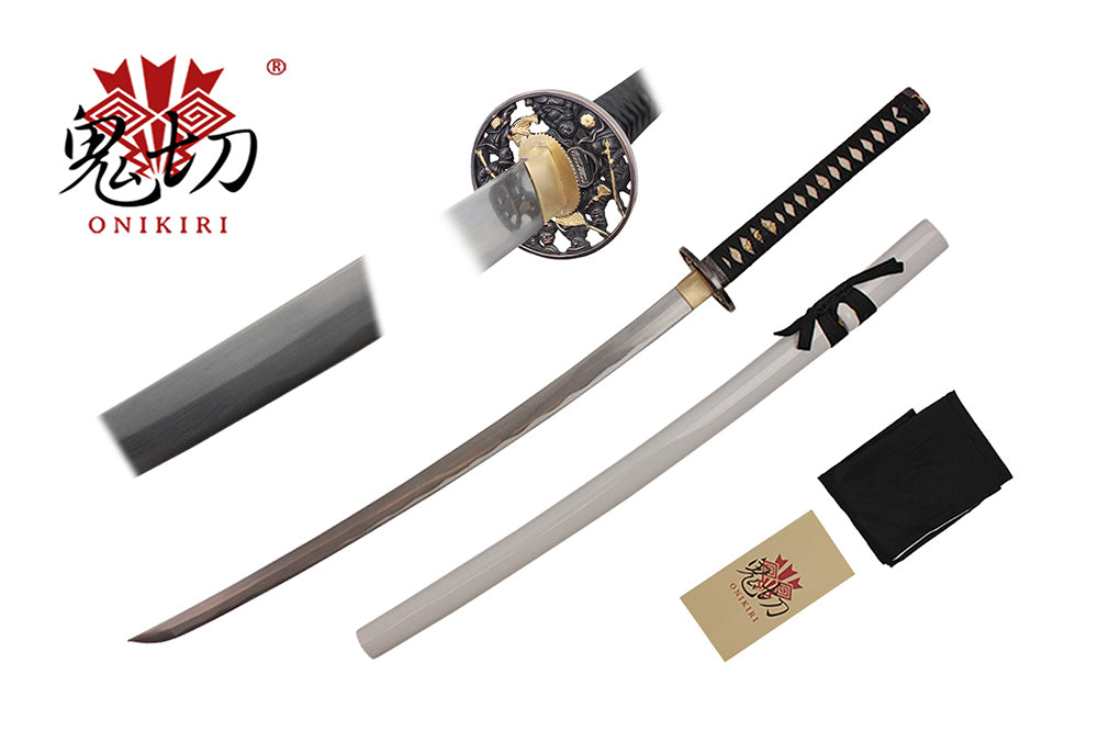 41-inch Damascus blade, black scabbard, black wrapped handle. Tsuba:Zinc alloy plated black and gold