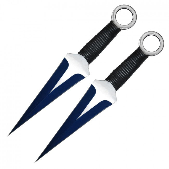 2PC 12-inch two tone blue kunai with cord wrapped handle