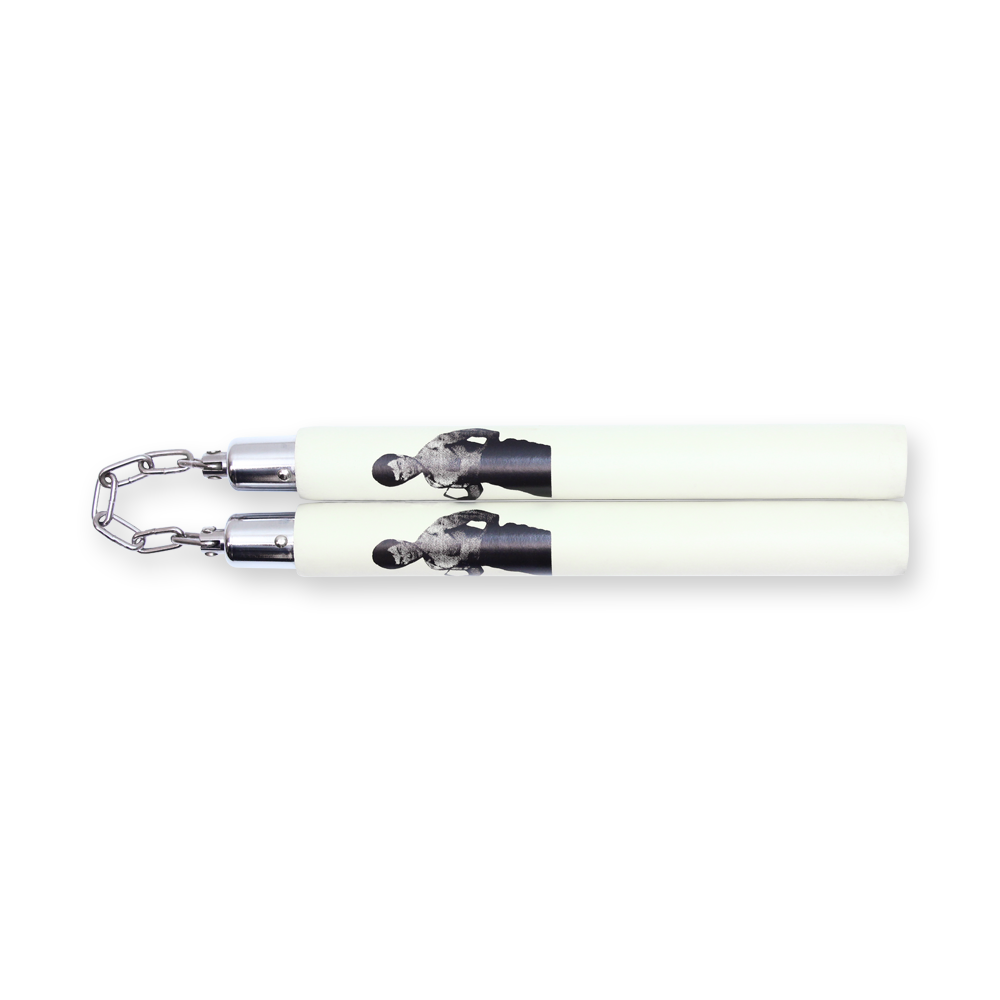 Foam Nunchaku w/ Ball Bearing Chain & Bruce Lee Print White