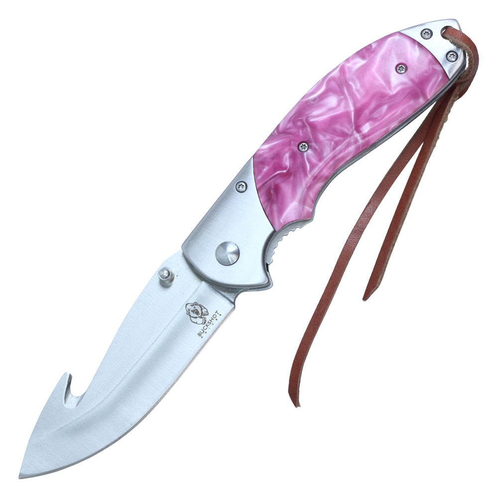 8 3/8 Buckshot Thumb Open Spring Assisted Stainless Steel Handle With Inlay Classic Pocket Knife (Pink)