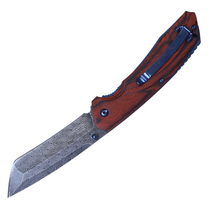 8 3/4" Buckshot Thumb Open Spring Assisted Tanto Cleaver Classic Wood Handle Pocket Knives (Etched Damascus Pattern)