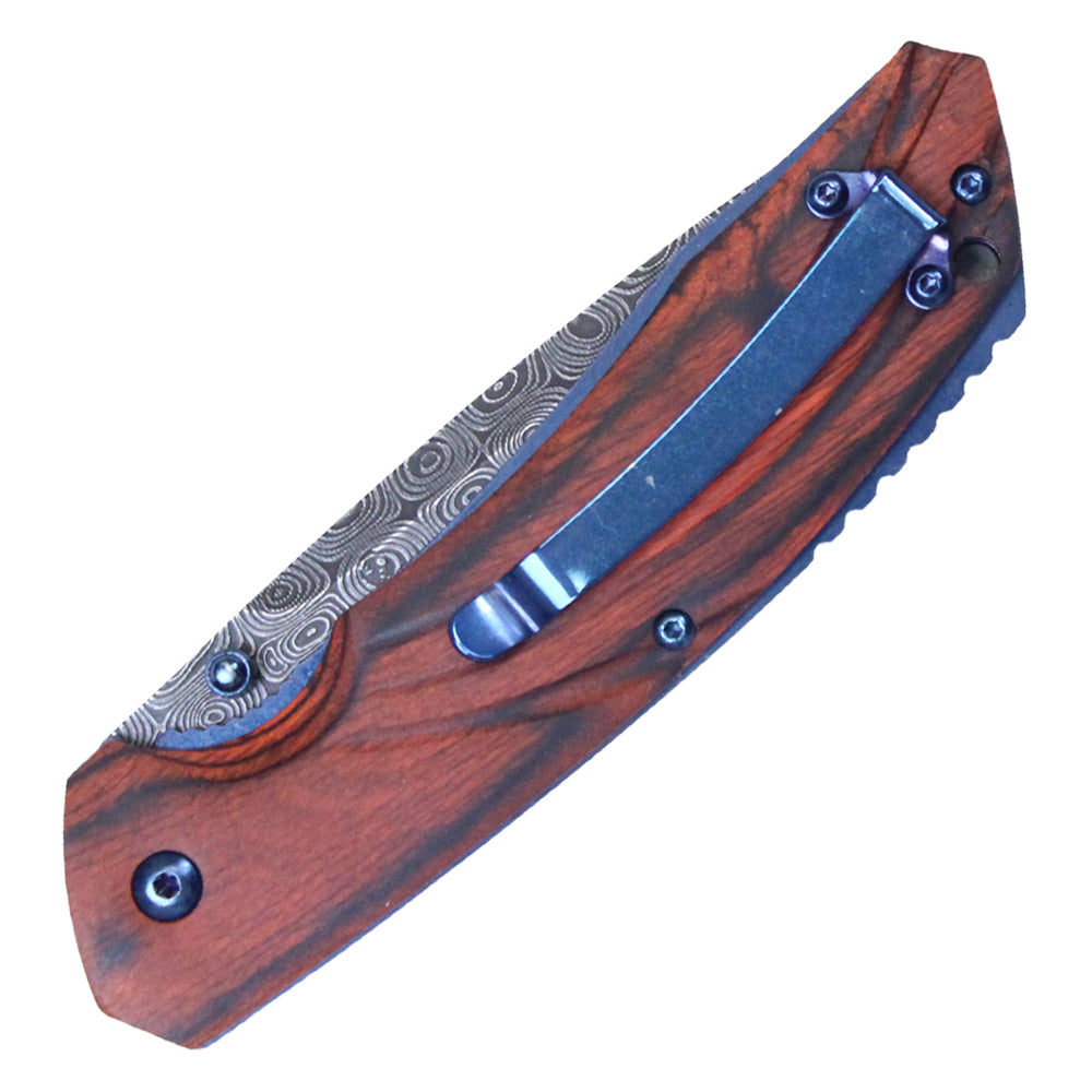 8 3/4" Buckshot Thumb Open Spring Assisted Tanto Cleaver Classic Wood Handle Pocket Knives (Etched Damascus Pattern)