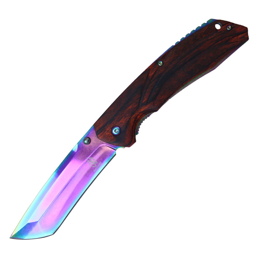 8 3/4" Buckshot Thumb Open Spring Assisted Tanto Cleaver Classic Wood Handle Pocket Knives (Rainbow)