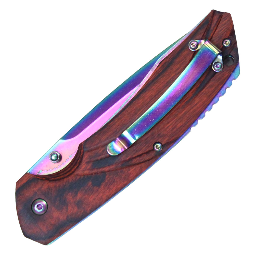 8 3/4" Buckshot Thumb Open Spring Assisted Tanto Cleaver Classic Wood Handle Pocket Knives (Rainbow)