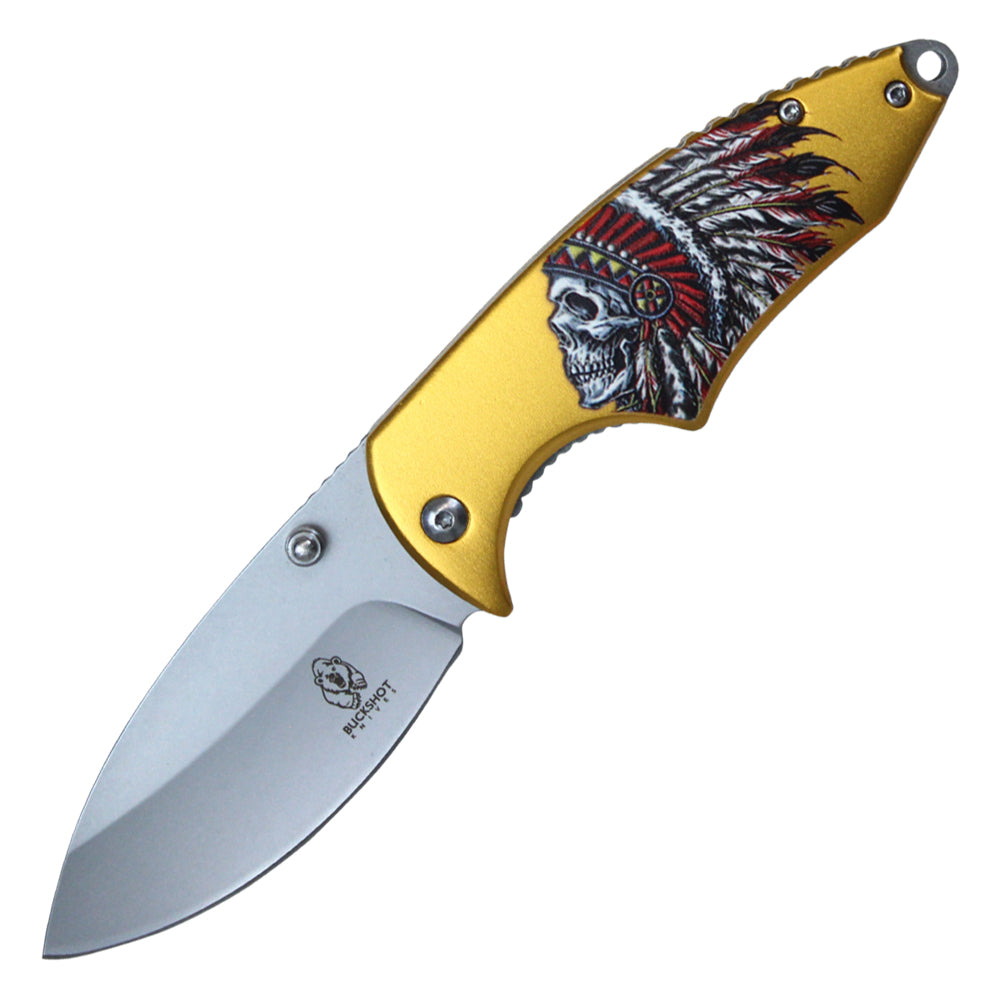 7.75" Buckshot Thumb Open Spring Assisted Indian Feather Skull Handle Pocket Knives (Gold)