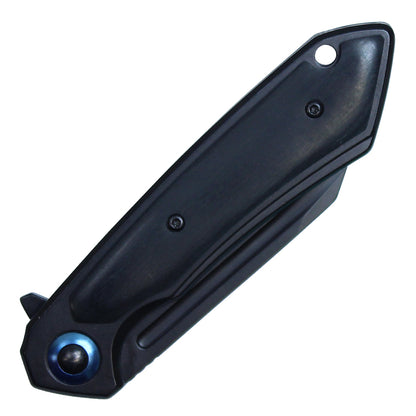 8" Black Stainless Steel Assisted Pocket Knife w/ Black Handle & Blue Accent