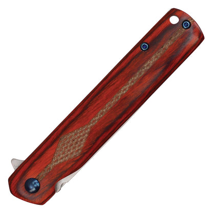 8" Red Wood Pocket Knife w/ Patterned Handle