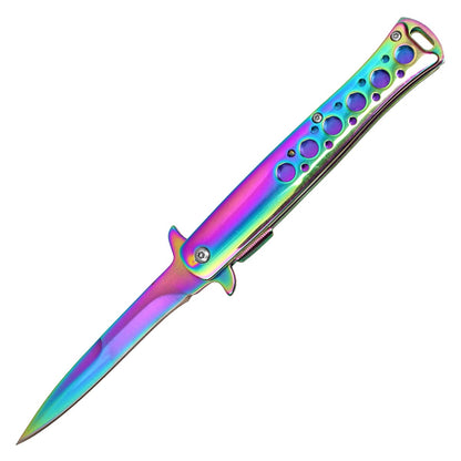 9" Rainbow Stiletto Pocket Knife w/ Holes