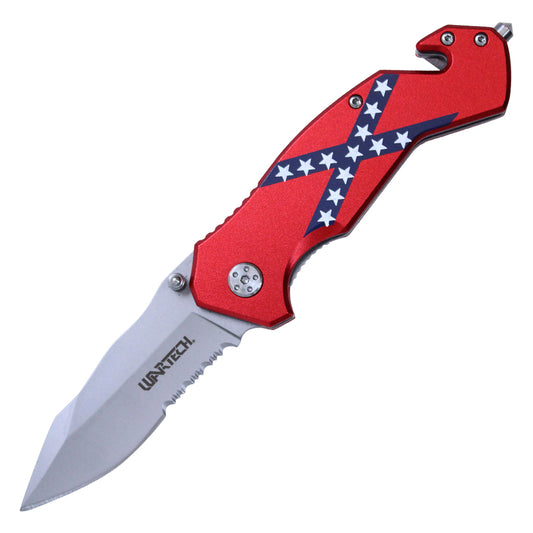 7.75" Wartech Assisted Open Half Serrated Blade Rope Cutting Glass Breaker Pocket Knife w/ Confederate Flag Handle