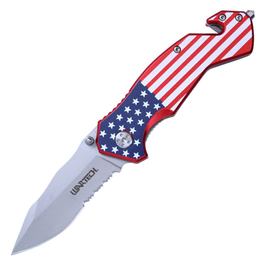 7.75" Wartech Assisted Open Half Serrated Blade Rope Cutting Glass Breaker Pocket Knife w/ U.S.A. Flag Handle