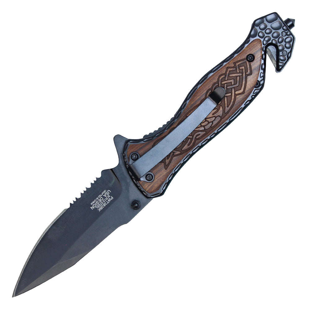 8" Black Stainless Steel Assisted Pocket Knife w/ Celtic Patterned Handle & Serrated Edge