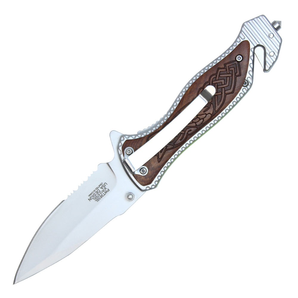 8" Silver Stainless Steel Assisted Pocket Knife w/ Celtic Patterned Handle & Serrated Edge