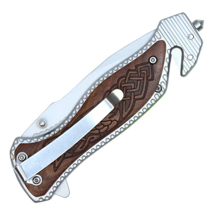 8" Silver Stainless Steel Assisted Pocket Knife w/ Celtic Patterned Handle & Serrated Edge