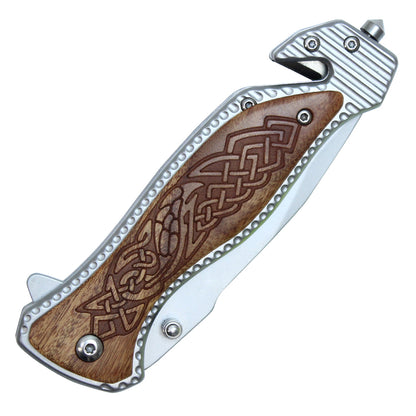 8" Silver Stainless Steel Assisted Pocket Knife w/ Celtic Patterned Handle & Serrated Edge