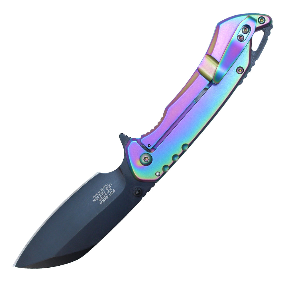 8" Spring Assisted Pocket Knife w/ Holes (Rainbow)