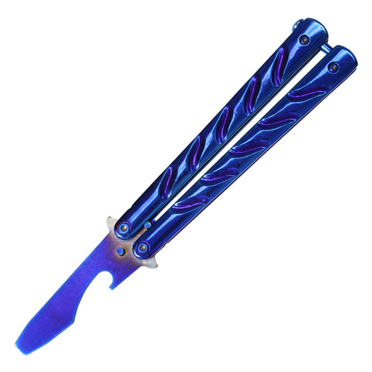 7 1/2" Solid Blue Beer Bottle Opener Stainless Steel Balisong Training Knife w/ Indentation Handle