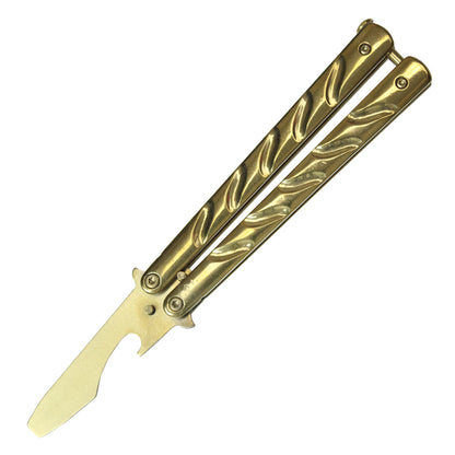 7 1/2"  Solid Gold Beer Bottle Opener Stainless Steel Balisong Training Knife w/ Indentation Handle