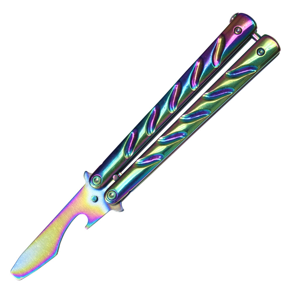 7 1/2" Inch Rainbow Beer Bottle Opener Stainless Steel Balisong Training Knife w/ Indentation Handle