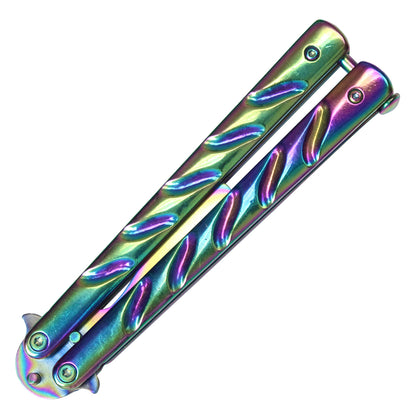 7 1/2" Inch Rainbow Beer Bottle Opener Stainless Steel Balisong Training Knife w/ Indentation Handle