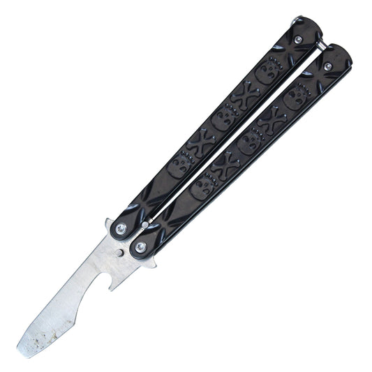 7 1/2" Beer Bottle Opener Stainless Steel Balisong Training Knife w/ Black Skull and Cross Bone Handle