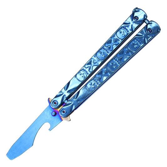 7 1/2" Solid Blue Beer Bottle Opener Stainless Steel Balisong Training Knife w/ Skull and Cross Bone Handle