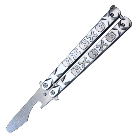 7 1/2" Solid Chrome Beer Bottle Opener Stainless Steel Balisong Training Knife w/ Skull and Cross Bone Handle