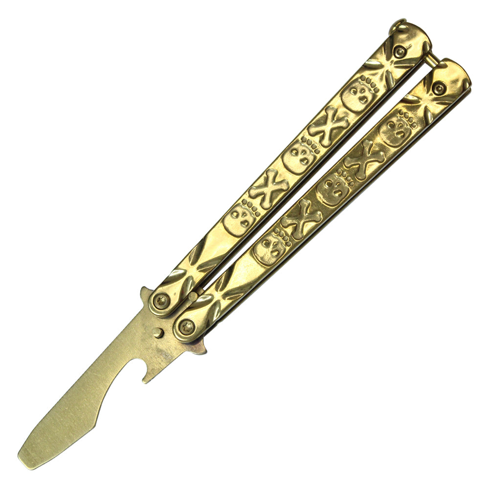 7 1/2" Solid Gold Beer Bottle Opener Stainless Steel Balisong Training Knife w/ Skull and Cross Bone Handle