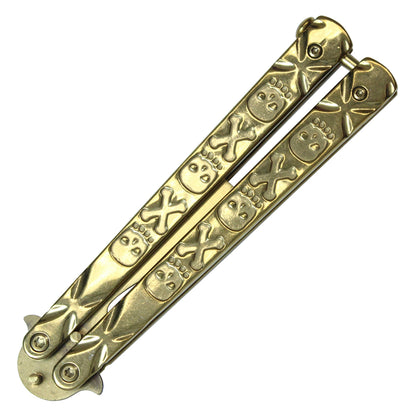 7 1/2" Solid Gold Beer Bottle Opener Stainless Steel Balisong Training Knife w/ Skull and Cross Bone Handle