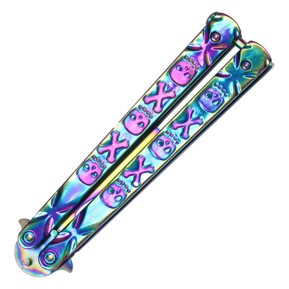 7 1/2" Rainbow Beer Bottle Opener Stainless Steel Balisong Training Knife w/ Skull and Cross Bone Handle