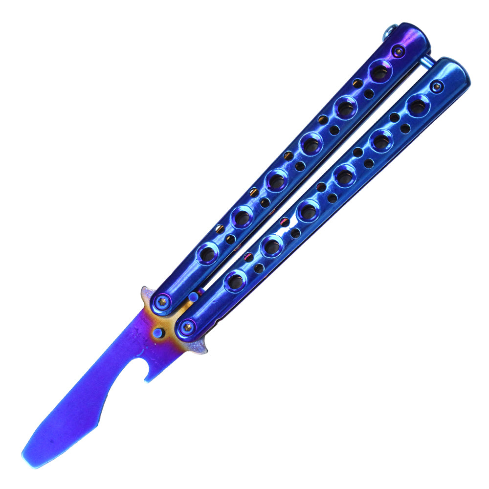 7.50" Solid Blue Beer Bottle Opener Stainless Steel Balisong Training Knife w/ Holes in Handle