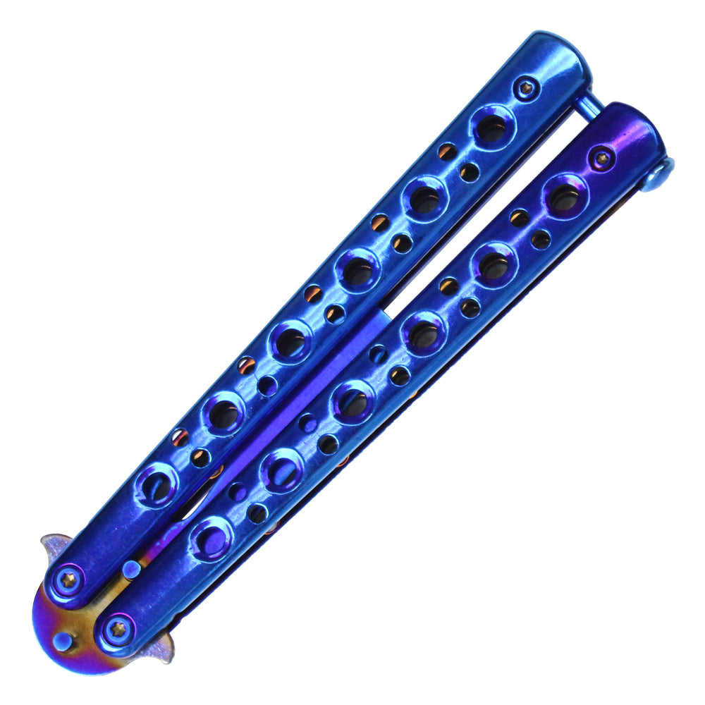 7.50" Solid Blue Beer Bottle Opener Stainless Steel Balisong Training Knife w/ Holes in Handle