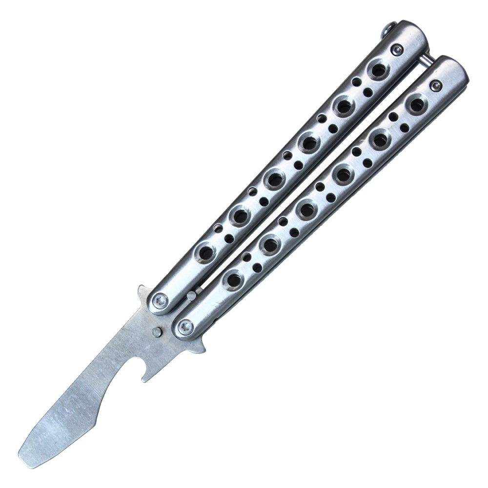 7.50" Chrome Beer Bottle Opener Stainless Steel Balisong Training Knife w/ Holes in Handle