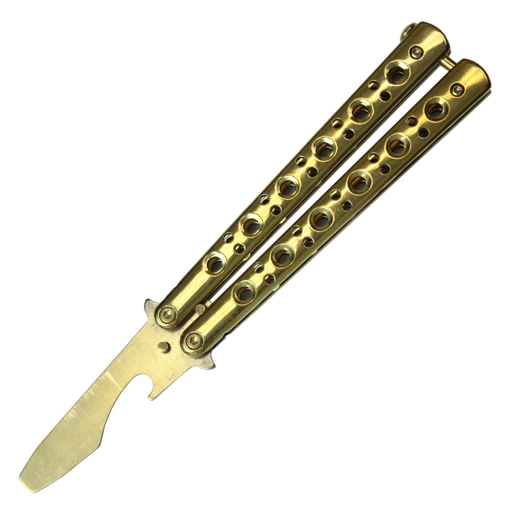 7.50" Solid Gold Beer Bottle Opener Stainless Steel Balisong Training Knife w/ Holes in Handle