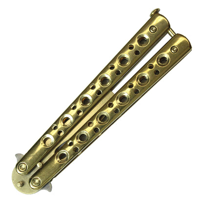 7.50" Solid Gold Beer Bottle Opener Stainless Steel Balisong Training Knife w/ Holes in Handle